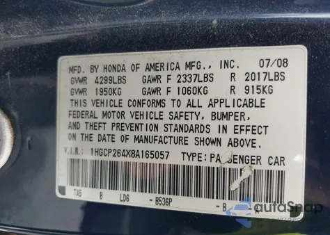 2008 Honda Accord 2.4 Lx-P from USA, damaged, VIN 1HGCP264X8A165057